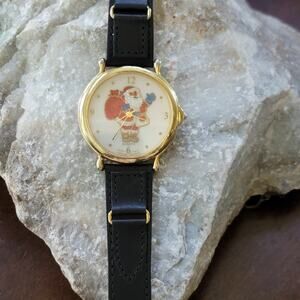 Vintage Santa Claus Quartz Watch w/ Gold Case & Leather Strap Christmas Theme